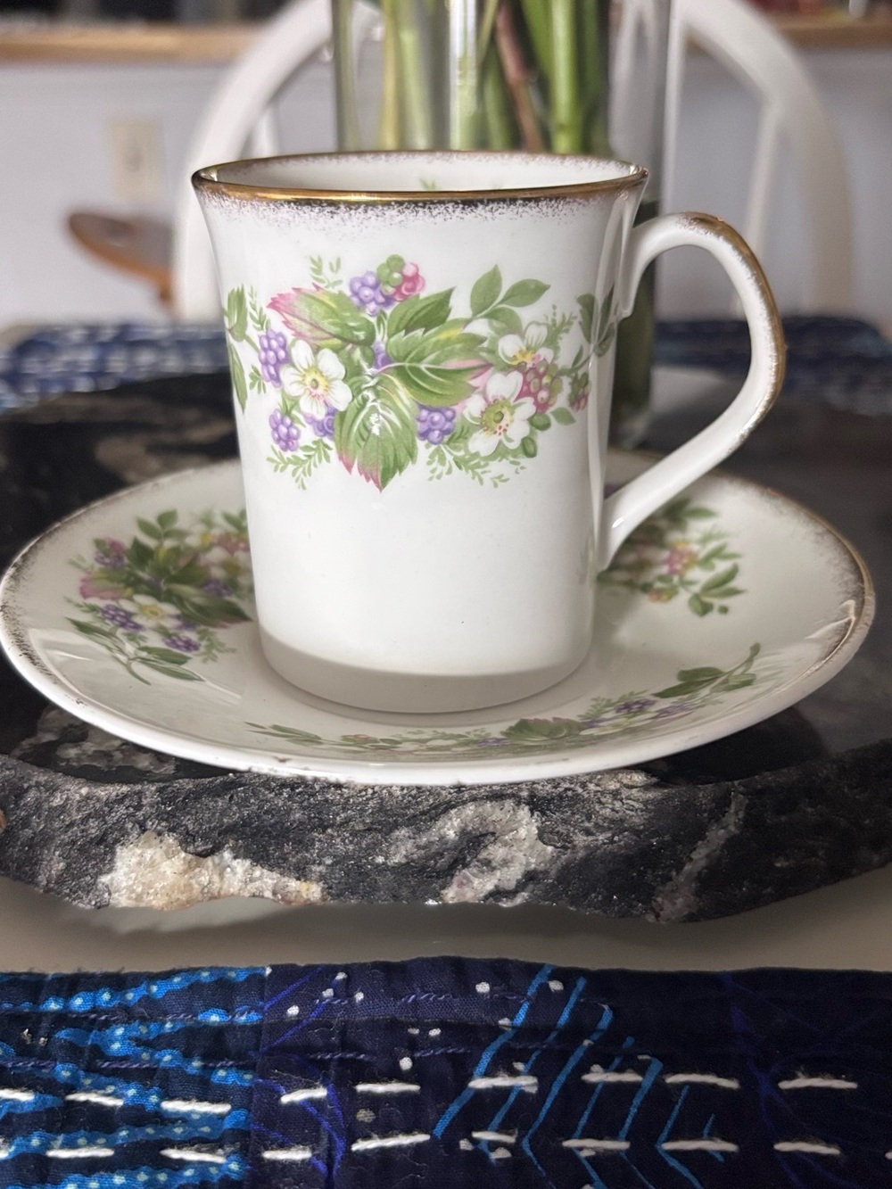 Vintage Rosina Wild Flowers Raspberries Demitasse Bone China Cup Saucer